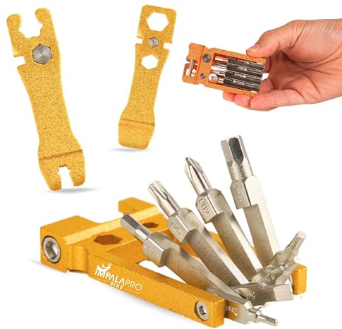 IMPALAPRO Multitool Bici 20 in 1 Compatto e Leggero (117,5g) in Acciaio Cromo-Vanadio (CRV) - Multitool MTB - Kit Attrezzi Bici - Kit Riparazione Bicicletta (Oro)