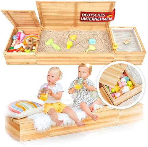 SCHRIMA® 4 in 1 Sandkasten aus lackiertem Massivholz - Wasserwanne und Staufach neben großem Sandfach inkl. Vlies, mit Holzabdeckung als Kindersitzbank verwendbar, für Terrasse, Balkon oder Garten