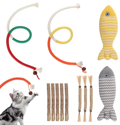 TIANCONGYUN 12 Katzenminze Katzenspielzeug Set, Katzen Sticks, Katzen Kaustangen, Katzenspielzeug Beißseil mit Silvervine Obst, Catnip Fisch, Catnip Cat Toys Für Katzen zum Zahnpflege und Spielen