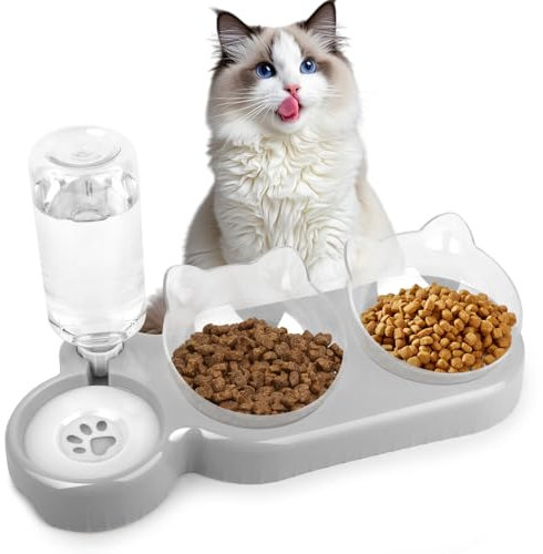 TNOMSNO 3 in 1 Futternapf Katze Erhöht, 15 ° Kippbare Katzen Futternapf Set mit Automatischer Wasserflasche Erhöhter Katzennäpfe für Nass-Trockenfutter Katzenschüssel Katzenfressnapf (Grau)