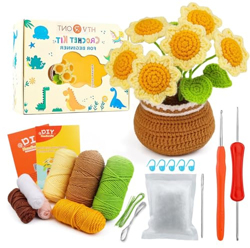 Lonsien Häkelset für Anfänger, DIY Sonnenblume Häkelkit | Alle Werkzeuge enthalten, Videoanleitungen, für Kinder & Erwachsene, Bastel-Geschenk