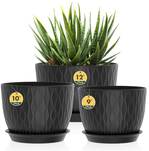 Homeuouz 3er Set Groß Breite Pflanzentopf mit Untersetzer – 30/25/22 cm Kunststoff-Blumentöpfe für Innen & Außen, mit Drainagelöchern, wasserwellige Struktur, Schwarz