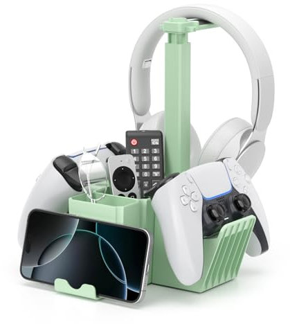 KDD Support Manette Double avec Support Téléphone, Support Casque Gamer Universel avec Boîte de Rangement, Porte Manette PS5 Multifonctionnelle, Organisateur de Bureau pour PS4 Xbox One Vert