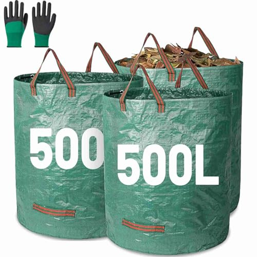 Garden Waste Bags 3Pcs 500L Large Garden Sacks Rubbish Gardening Leaf Bags | with Handles Gloves Heavy Duty Reusable Foldable Camping Recycling Bag for Collecting Grass Leaves Trash Debris