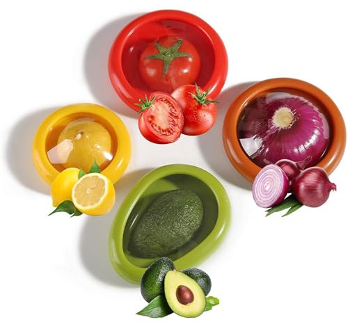4 contenitori riutilizzabili per avocado, cipolla, limone, pomodori, conserve, in silicone, anti-ossidazione, per frutta e verdura, per frigorifero, conservazione di alimenti