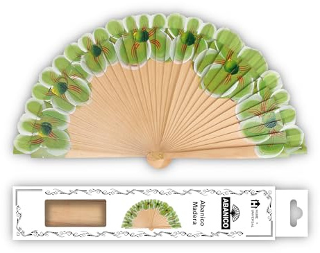 H.U.S.L® Abanico 23CM DE Madera Lisa con Tela DE Marfil, Abanico DE Madera Adornado, Abanico Original (Floral Verde)