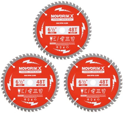 NovorikX 6-1/2 (165mm) 48Teeth Tungsten Carbide Circular Saw Blades (3-Pack) | 5/8 (16mm) Arbor | Circular Saw & Benchtop Saw Compatible | Thin Kerf for Thick Wood | Pro Home/Workshop Projects