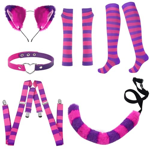 Merroyal Set costume da gatto con calzini a righe, orecchie da gatto, girocollo e coda, rosa e viola, accessori per Halloween e cosplay (rosa viola)