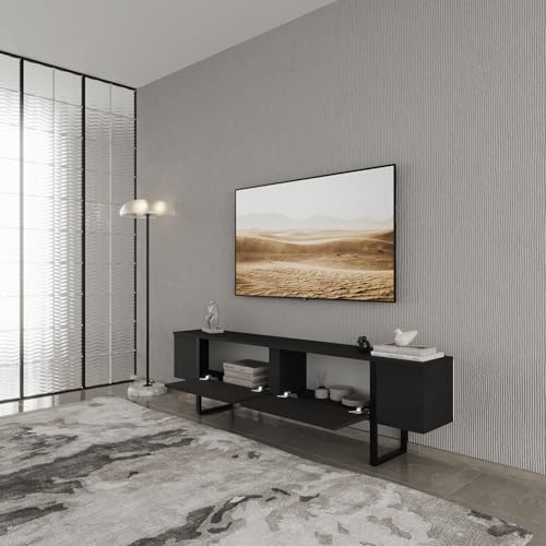 Smart Home Art TV-Lowboard 180 cm mit Metallfuessen (30 cm tief) – TV-Schrank in Schwarz Matt mit 2 Tueren, Stauraum & Kabelmanagement