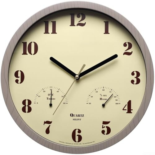Horloge analogique d'extérieur avec mouvement à quartz silencieux, thermomètre et hygromètre, conçue pour une utilisation durable dans les terrasses, jardins et murs de porche (gris)