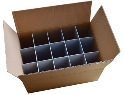 Glassjacks Wine Glass Packing Box - Pack of 2 | Strong Brown Double Walled Cardboard Box | 15 Cells | Glassware or Item Max Width 97mm, Glass Max Height 240mm