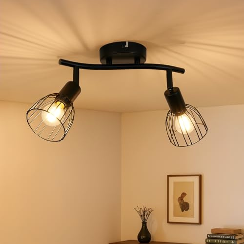 Leselux Lámpara de Techo 2 Focos Orientable, Industrial Focos LED Interior Techo Base E14, Foco de Techo Negro Apliques Pared Interior para Cocina Dormitorio Pasillo, Sin Bombillas