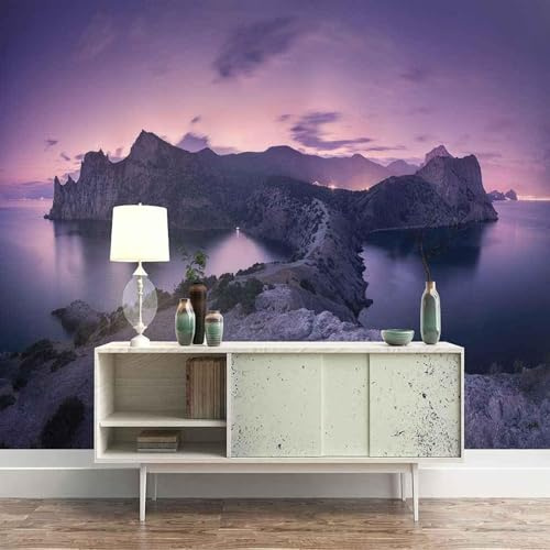 Ciel Mauve Esthétique Montagnes Lac Papier Peint 3D Installation Facile Intissé Tapisserie Bureau Salon Canapé Chambre Décoration Murale-200cm×140cm