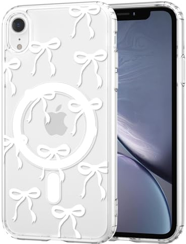 TVVTPU Magnetisch Hülle für iPhone XR Kompatibel mit MagSafe, Aesthetic Schleifen Muster Handyhülle Nie Vergilbung Dünne Transparent Hard PC Rückseite Stoßfest Kratzfest Schutzhülle Case, Weiß