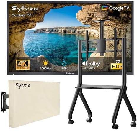 SYLVOX 43 TV da Esterno con Copertura & Supporto Televisore con Ruote - 4K UHD 2000Nits per Aperto, Smart Google Outdoor TV Impermeabile IP55, Dolby Atmos, WiFi, Bluetooth, DVB (Pool Pro 2.0)