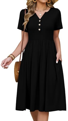 HEEKPEK Vestiti Estivi Donna Elegante Midi Lunghi Vestito Maniche Corte Scollo a V Bottoni Abiti Casual Ginocchiocon Floreale Abito da Spiaggia Mare Boho con Tasche(Nero,M)