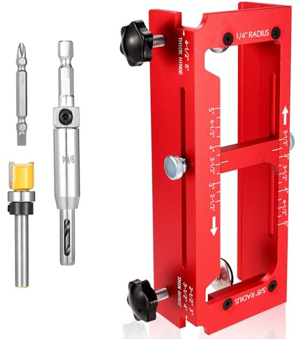 Fukaisu Kit Gabarit Charnières Porte, Gabarit Défonceuse Alliage d'Aluminium Gigue Mortaise Réglable Convient aux Charnières Porte 2,5 à 5 Compatible avec Rayons 1/4 et 5/8 et Angles Droits