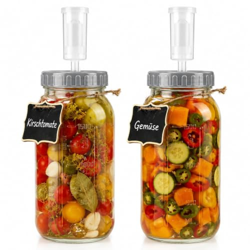 2 Stück Fermentierglas, 2L Kimchi Behälter mit Luftschleuse, Fermentationsglas für Kimchi Sauerteig Sauerkraut, Einfaches Haltbarmachen von Gemüse, Glas-Fermentierset für Hot Sauce, Cider & mehr