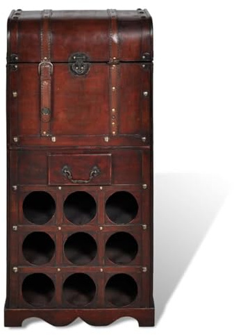 Gecheer Wooden Wine Rack for 9 Bottles with Storage Trunk and Drawer, Wine Red Plywood Wine Storage Cabinet, Ideal for Kitchen Dining Room Living Room 240506