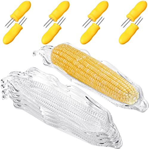 Patelai 12 Pack Corn Cob Holders and Dish Set Plastic Corn Trays Transparent Dishes on the Cob Skewer Service Tray BBQ Tool Dinnerware