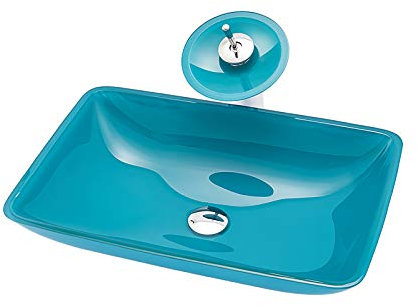 Shower Set Lavabo Vasque en Verre Trempé, Bleu Clair Lavabo Lave-Mains Rectangle Vasque à Poser Monter Salle de Bain Lavabo Vasque avec Robinet Cascade, 570mm * 370mm* 110mm* 12mm