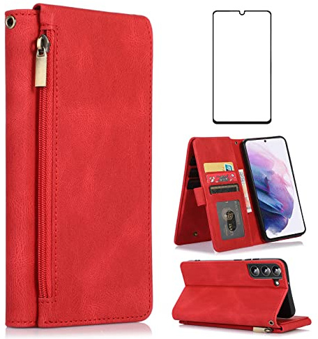 Asuwish Compatible with Samsung Galaxy S22 5G Wallet Case and Tempered Glass Screen Protector Zipper Leather Flip Cover Card Holder Stand Cell Accessories Phone Cases for Glaxay S 22 G5 Women Men Red