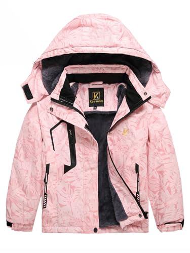 Keevoom Vattentät skidjacka i fleece, snörock, vindtät, varm, vinter, snowboardjacka med avtagbar huva, Rosa kamouflage, 6-7