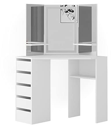Vicco Eckschminktisch Weiß Arielle 110x141.5x54 cm - Frisiertisch für die Ecke, Spart Platz und nutzt Zimmerecken optimal aus