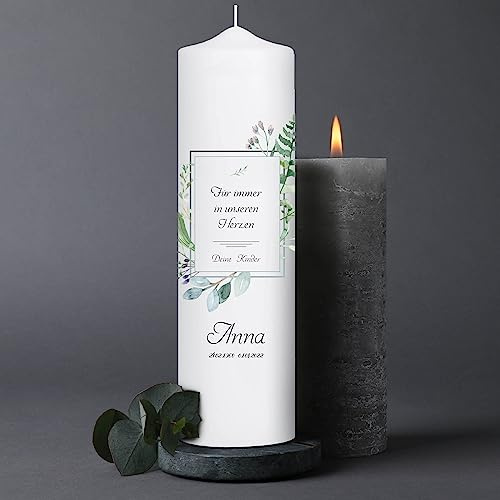 Wandtattoo Loft Trauerkerze personalisiert mit Namen und Datum, Motiv mit Rahmen und Blättern, 25cm x 7cm, personalisierte Trauerkerze, Kondolenzkerze, Beileidskerze, Trauerlicht, Grabkerze