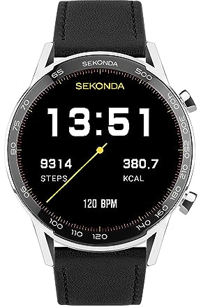 Sekonda Active Plus Mens Smartwatch 45mm Silver Leather Strap | Water Resistance IP68, mineral glass crystal, ion-plated case