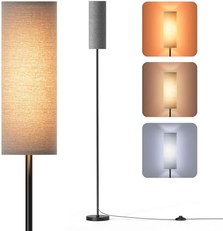 Homuserr 9W LED Stehlampe Grau, Dimmbar, 3 Farbtemperaturen, Leinen Lampenschirm & Fußschalter, Vintage für Schlafzimmer
