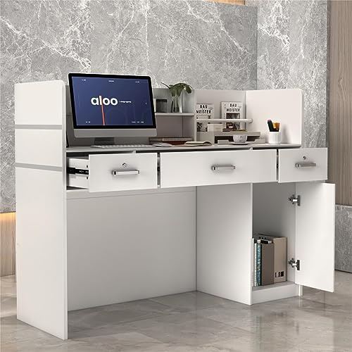 PREMTURE Mueble recepción, mostrador de recepción, Mesa de recepción de mostrador de Oficina con 3 cajones recepciones de Hotel, Tiendas de Ropa, Blanco 120cm Ancho x 48cm Fondo x 110cm Alto