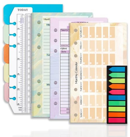 Zamety Ringbuch A6 Nachfüllbar, 6 Löcher A6 Papier 54 Wochenkarten, 14 Monatskarten, 14 Budget Planner, 1 Trennblätter, 200 Haftstreifen, 1 Reißverschlussbeutel, Lineal 15cm