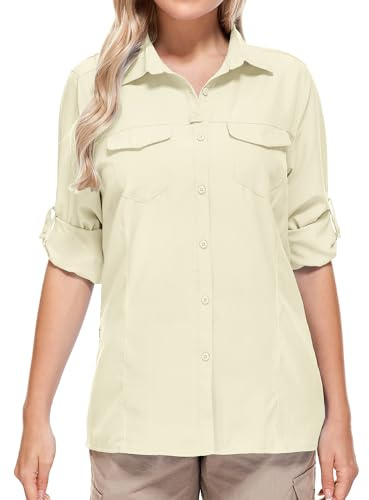 mosingle Women's UPF 50 UV Long Sleeve Safari Clothes Sun Protection Shirts Quick Dry for Hiking Camping Fishing Trave Teen Girl Shirts#5073-Light Khaki-2XL