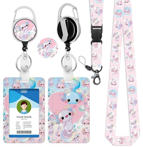 bolimoss Axolotl Lanyard mit Kartenhalter, einziehbares Lanyard für Kreditkartenschlüssel, verschiebbarer ID-Ausweishalter mit abreißbarem Sicherheitsband, Plastikkartenhalter für Frauen