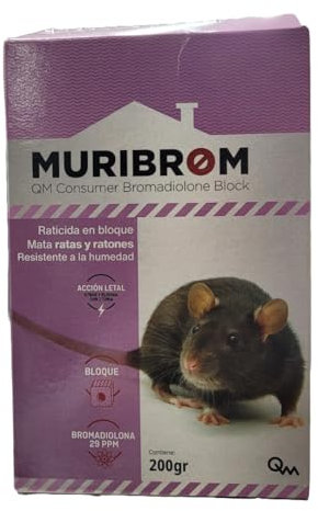 QUIMUNSA Muribrom Bloque Rojo 200g Raticida para Ratas y Ratones. Resistente a la Humedad. Elimina con Solo una Ingesta.