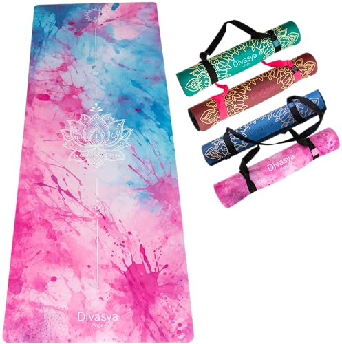 DIVASYA Premium Yogamatte: echter Naturkautschuk rutschfest & weiche rutschfeste Mikrofaser, extra-breit, extra-dick (183x68x0,5cm), Tragegurt & Strap, auch Pilates-Matte