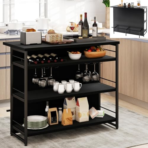 TANGZON 2 in 1 Kitchen Island, Industrial 4-Tier Bar Table with Storage Shelves, Wine Rack, Glass Holders & Footrests, Metal Frame Counter Home Bar Unit Wine Cabinet (Black)