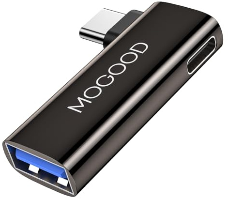 MOGOOD 2 in 1 USB C OTG Adapter, Typ C auf USB 3.0 mit 100W PD Ladeanschlüssen, 90 rechtwinkliger USB Port Adapter für One Plus Ace 3 Pro, iPad Air/Mini, iWatch, Samsung Galaxy S24/S23 | USB 3.0 Port, rechtwinklig, für Galaxy S24, Quest 3, iPad, Chromecast, Pi-KVM, Daten & gleichzeitiges Laden