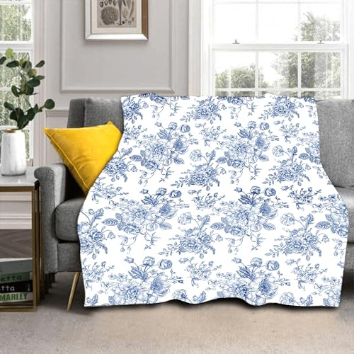 Blue Floral Blanket 80x60 Blue and White Vintage Flower Pattern Design Print Throw Blanket Lightweight Warm Soft Blanket Farmhouse Seasonal Decor for Home Living Room Sofa Couch Bed