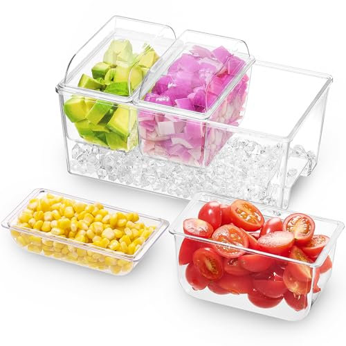 Lifewit Ice Chilled Condiment Caddy with 3 Containers(2.5 cup), Condiment Server with Separate Lids, Serving Tray Platter with Removable Dishes for Bar Accessories, Fruit, Salad, Taco, Party Garnish