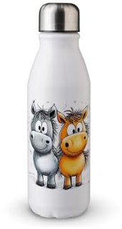 MAXIKIWI - Single Wall Water Drinking Bottle with Screw Cap, Non Insulated Lightweight Aluminium, BPA Free, Leak-Proof - Cute Silly Horses - 500ml