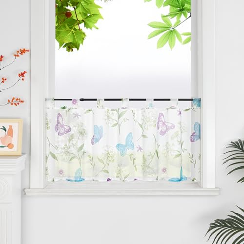 HeichkelL Bedruckte Scheibengardine Voile Kurzstores mit Blumen und Schmetterlinge Transparente Gardine Weiß Bistrogardine mit Schlaufen HxB 60x90 cm
