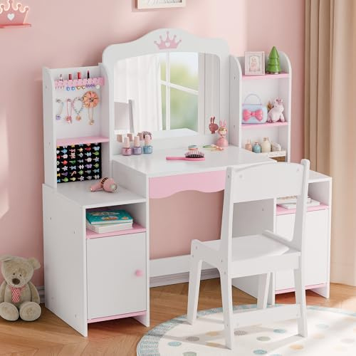 MU Kids Vanity, Girl Vanity Set with Mirror and Stool, 2 in 1 Toddler Makeup Vanity Table with Jewelry Storage, Wooden Princess Makeup Desk Dressing Table for Little Girls, (White)