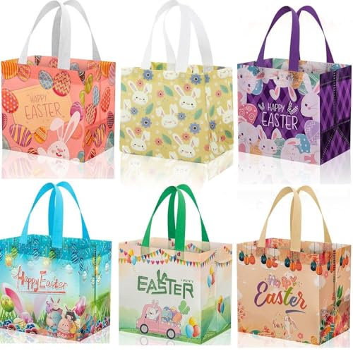 Koiyaha 6 Pack Easter Gift Bags for kids, Egg Hunt Tote Bags with Handles, Non-Woven Reusable Easter Basket for easter treats, Egg Hunt Party Supplies (6 PCS)