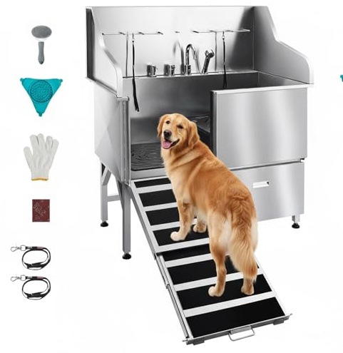 VEVOR Baignoire de Chien Acier Inoxydable, Baignoire de Toilettage pour Animaux de Compagnie 127,5 cm Station de Lavage Chat, avec Rampe, Panneau Filtre à Eau, Robinet, Pommeau de Douche, Porte Gauche
