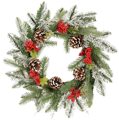 Zavothy Couronne de porte Noël 50 cm, Couronne de Noël, Couronne artificielle avec pommes de pin et boules de Noël, Couronne de l'Avent, Décoration de Noël, Décoration de porte d'entrée, Vert clair et