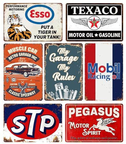 Vintage Metal Tin Signs Set of 7 - Retro Garage & Man Cave Decor, Old Car Posters, Bar Wall Art, 20x30cm Rustic Metal Plaques for Home, Pub, Shed