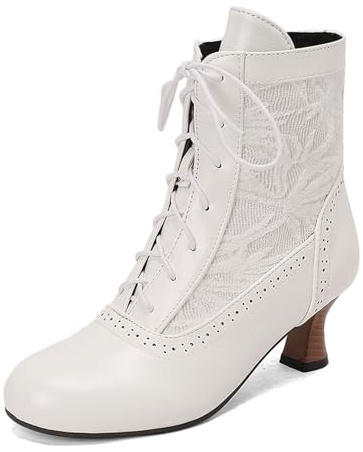 Stylish Foreign Trade Autumn Womens Ankle Boots with Lace Up Design and Durable Thick Heel for Western Fashion Comfort (White, 6)