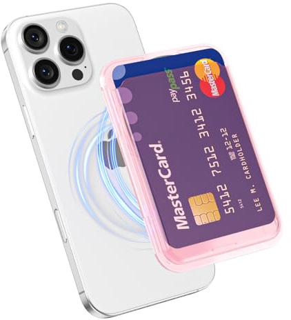oakxco Magnetic Phone Pocket Stick On, Matte Secure Phone Card Holder Plastic Compatible with Magsafe, Slim Thin Adhesive Card Holder Sleeve ID Credit Card, Compatible with iPhone Samsung, Clear Pink
